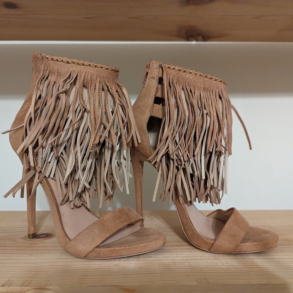 Tan fringe heels